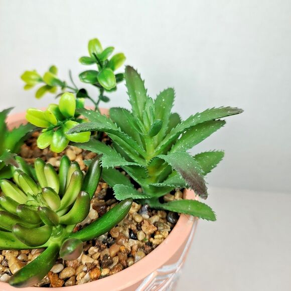 Modern Coastal Geometric Tribal Pattern Planter Pot w/ Faux Succulent Mix Peach - Picture 8 of 15